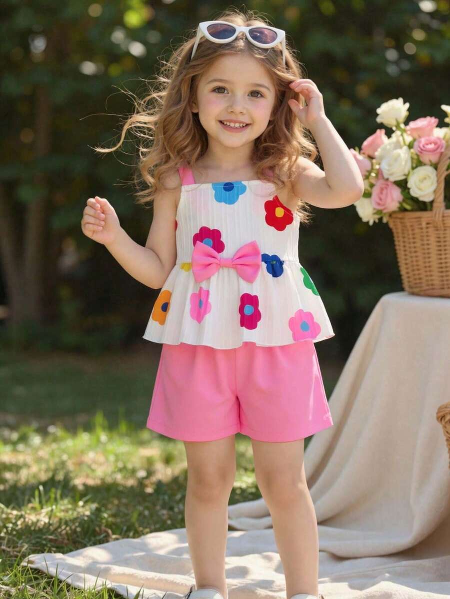 BASUSARRI Conjunto de top sin mangas con estampado floral y lazo, y shorts a juego para niñas jóvenes, conjunto de fiesta de verano casual de color dopamina
