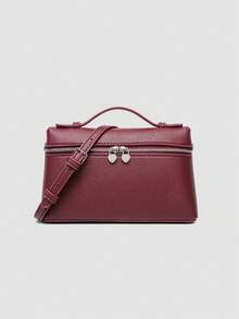 1 pieza Bolso de hombro cuadrado de unicolor con textura de lichí en PU, pequeña cartera para mujeres, apta para combinaciones de moda diaria y salidas - Burdeos 2 - Ver 2