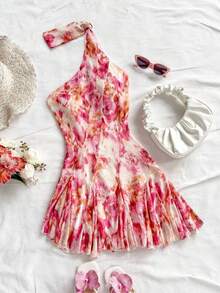 Vestido mini sexy de vacaciones para mujer con estampado floral romántico, tirantes de lazo y volantes en la parte trasera abierta - Multicolor - Ver 10