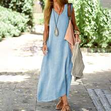 Ropa de mujer de talla grande, vestidos de estilo europeo y americano, vestidos de verano en color lino-algodón, elegantes y ajustados. - azul claro - Ver 3