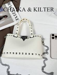 Fashion Black Metal Stud Decor PU Leather Tote Bag - Chain Shoulder Strap Dual-Use Casual Daily Women's Shoulder Handbag - White - View 4