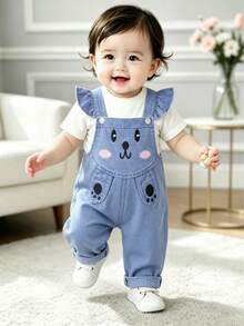 Baby Girl 6M-3T Denim Overalls, Denim Jumpsuit, Cartoon Rabbit Overalls, Toddler Casual Pants, Cute Baby Long Pants, Breathable, Suitable For Daily Outdoor Photography - Blue - View 2