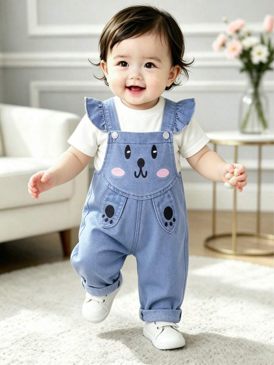 Baby Girl 6M-3T Denim Overalls, Denim Jumpsuit, Cartoon Rabbit Overalls, Toddler Casual Pants, Cute Baby Long Pants, Breathable, Suitable For Daily Outdoor Photography