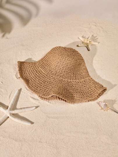 Beige Wide Brim Crochet Straw Sun Hat, Breathable UV Protection Floppy Beach Hat