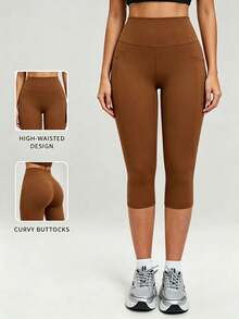 Solid Color Elastic Slim Fit 7/8 Length Leggings, Side Pocket Design, Yoga Pants, Comfortable For Fitness And Daily Wear - Brown - View 3
