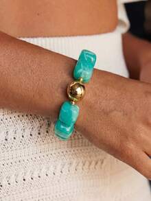 Chunky Colorful Resin Beaded Bracelet Marble Texture Faux Stone Stretch Bangle Stackable Dopamine Summer Vacation Jewelry - Multicolor - View 7