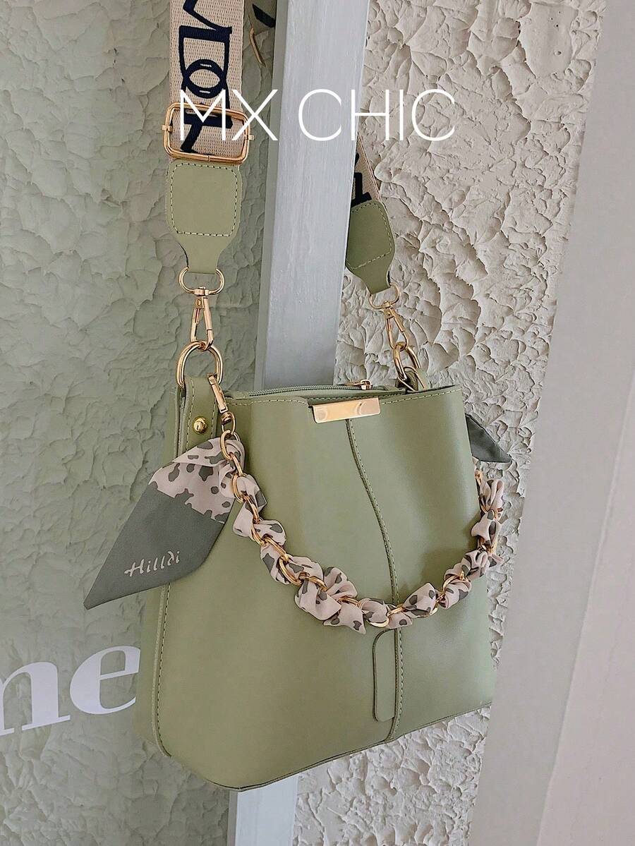 Scarf Decor Metal Accent Slender Crossbody Bag, Elegant - Green - View 1