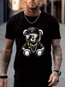 Men's Casual T-Shirt, Summer Printed Short Sleeve T-Shirt, 180gsm Cotton, The Best T-Shirt Gift For Friends Or Family, Black Color, % Cotton. - 黑色 - 查看 1