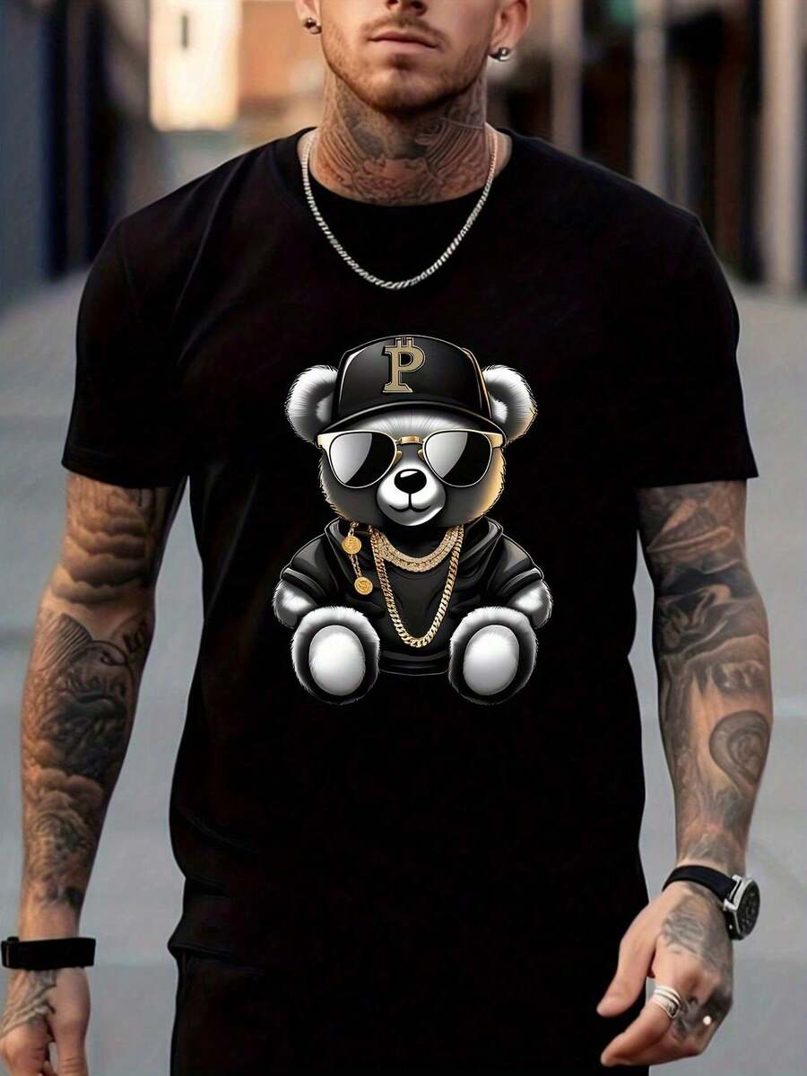 Men's Casual T-Shirt, Summer Printed Short Sleeve T-Shirt, 180gsm Cotton, The Best T-Shirt Gift For Friends Or Family, Black Color, % Cotton. - 黑色 - 查看 1