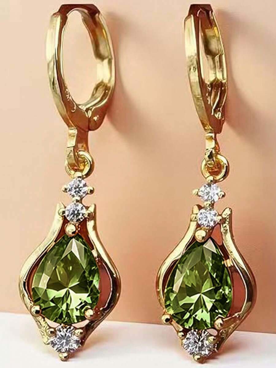 1 par de encantadores pendientes colgantes de circonita cúbica, diseñados para mujeres, adecuados para bodas, compromisos, fiestas de aniversario, regalo del Día de San Valentín - Verde - Ver 1