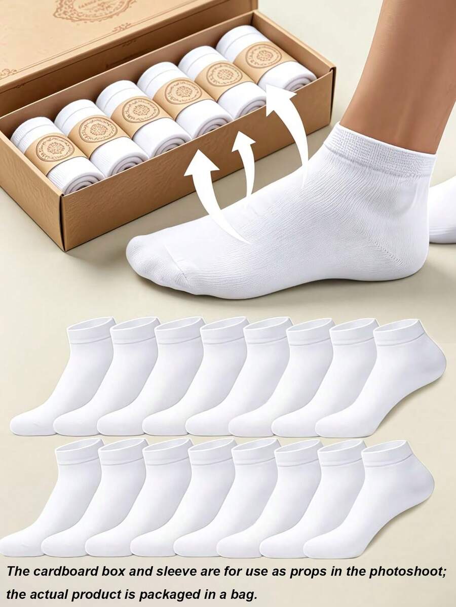20 Pairs Men's Solid Color Boat Socks, Sweat-Absorbent, Breathable, Comfortable Invisible Socks, Suitable For Daily Wear, Sports, Business, Unisex, All Seasons, Best Gift Choice For Back To School And Holidays, Available In 1 Pair/10 Pairs/20 Pairs - White - View 1