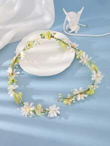 1pc Vintage Elegant Spring White & Green Floral Wreath, Wedding Bridal Accessory, Soft Light Photography Ethereal Accessory - Yellowish-white - View 5