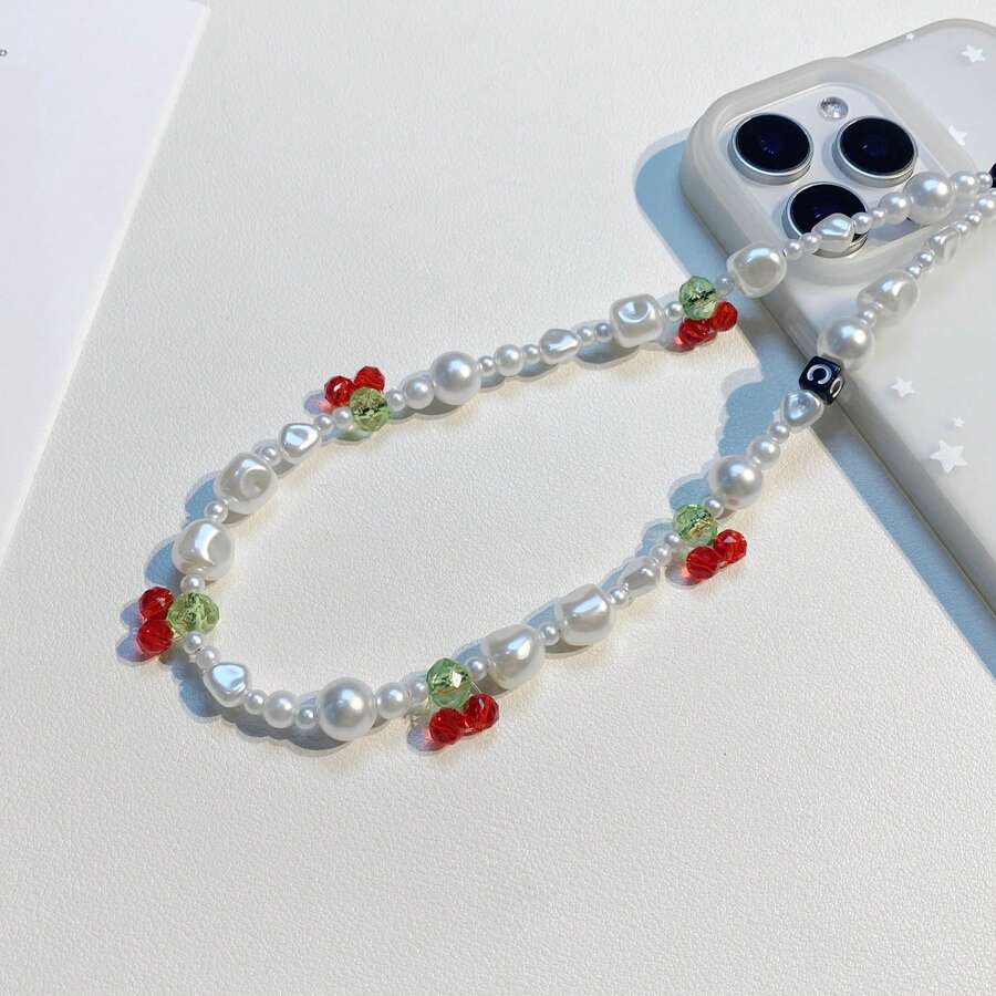 1件裝串珠DIY櫻桃手腕手機掛繩，防丟不對稱珍珠手機掛繩，適用於多款智慧型手機手機殼掛繩 - 白色 - 查看 1
