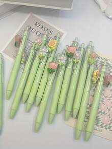 花卉圖案可伸縮中性筆 快乾黑色墨水 柔美花卉設計 書寫順滑 適用於各種辦公場景、學校考試練習、生日禮物、開學季 - 多款花朵筆 - 查看 3