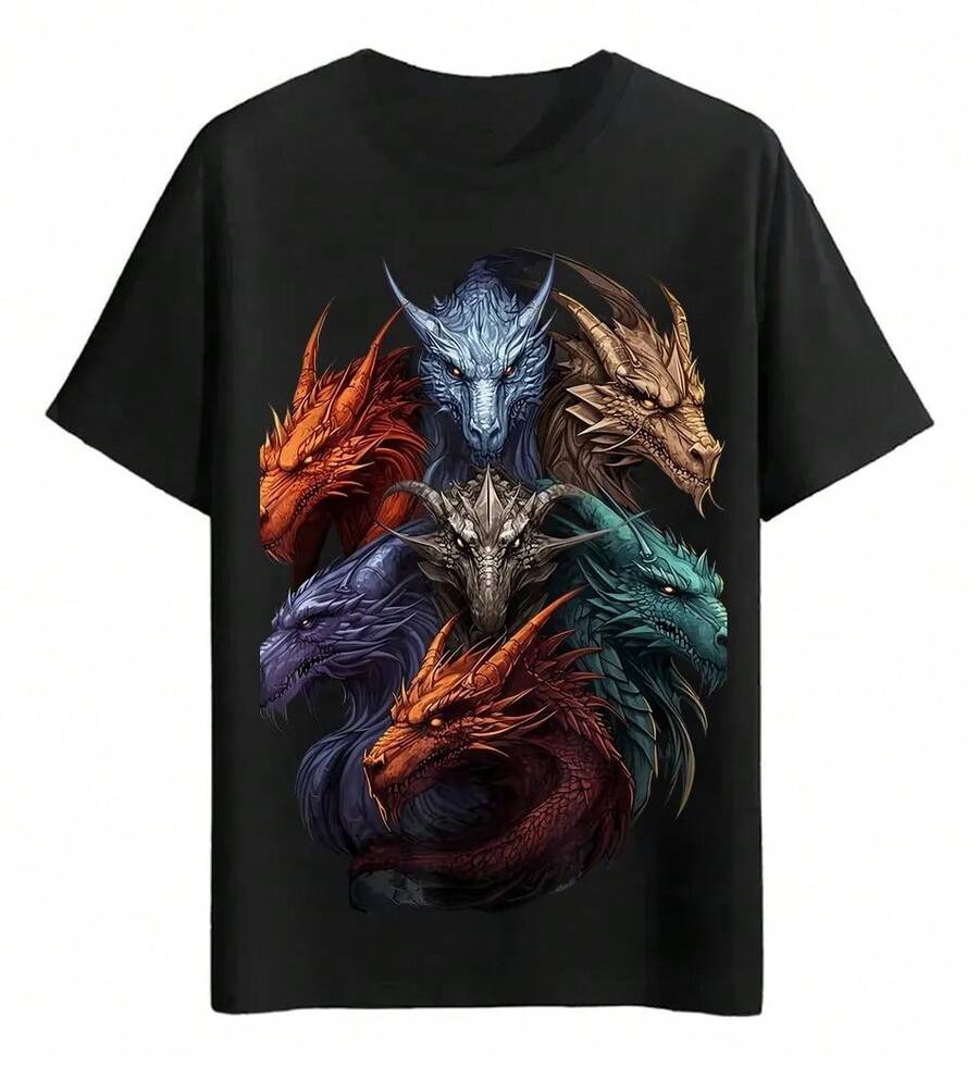 Colorful Dragon T-Shirts In Artistic Design - Black - View 1