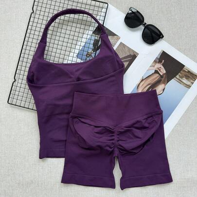 Yoga 2 Pieces Gym Set Women Backless Halter Tops High Waist Seamless Shorts Gym Suit Fitness Sports Bras Sportswear Workout Sets