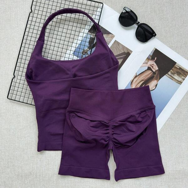 Yoga 2 Pieces Gym Set Women Backless Halter Tops High Waist Seamless Shorts Gym Suit Fitness Sports Bras Sportswear Workout Sets