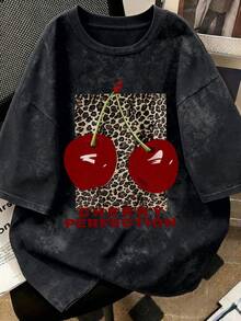 1 Piece Of Women's Short-Sleeved T-Shirt, Casual Style, Loose Fit, Round Neck, Washed Fabric With Tie-Dye Effect, For Office, Campus, Daily Wear, Dates, Meetings, Black Color. - 黑色 10 - 查看 1