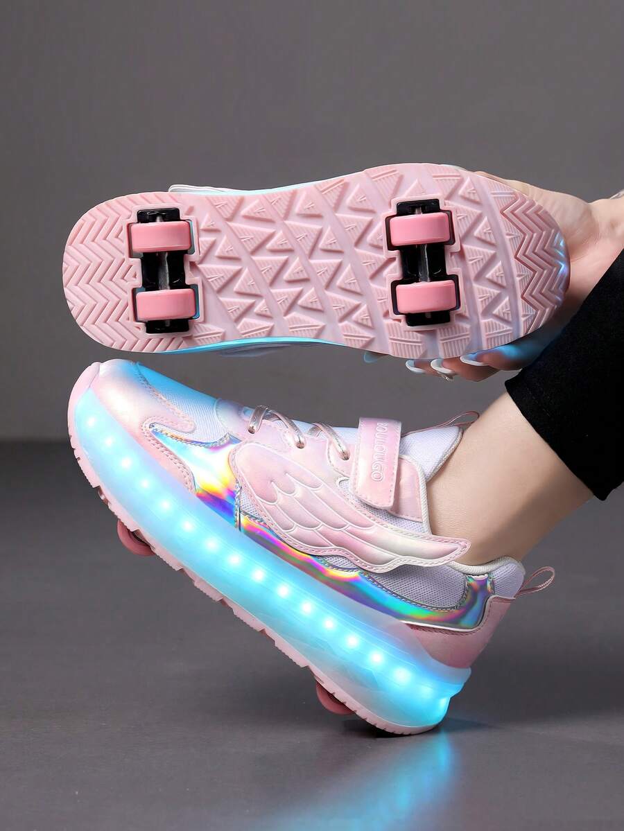 青少年輪滑鞋 爆款四輪溜冰鞋 小號四輪輪鞋 LED可充電發光鞋 亮燈鞋