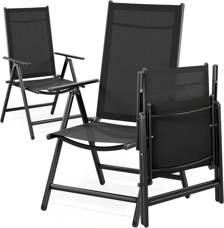 Casadsadaria Gartenstühle Set von 2 Stühlen mit hoher Rückenlehne, faltbarer 8-fach verstellbarer Campingstuhl, Aluminium, wetterfester Klappstuhl, 120 kg Tragfähigkeit, Garten Balkon - Schwarz - Übersicht 1