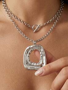 1pc Personalized Style Silver Double-Layer OT Clasp Necklace, Textured Wavy Hollow Asymmetrical Pendant Necklace, Cool Metal Layerable Neck Jewelry - Silver - View 1
