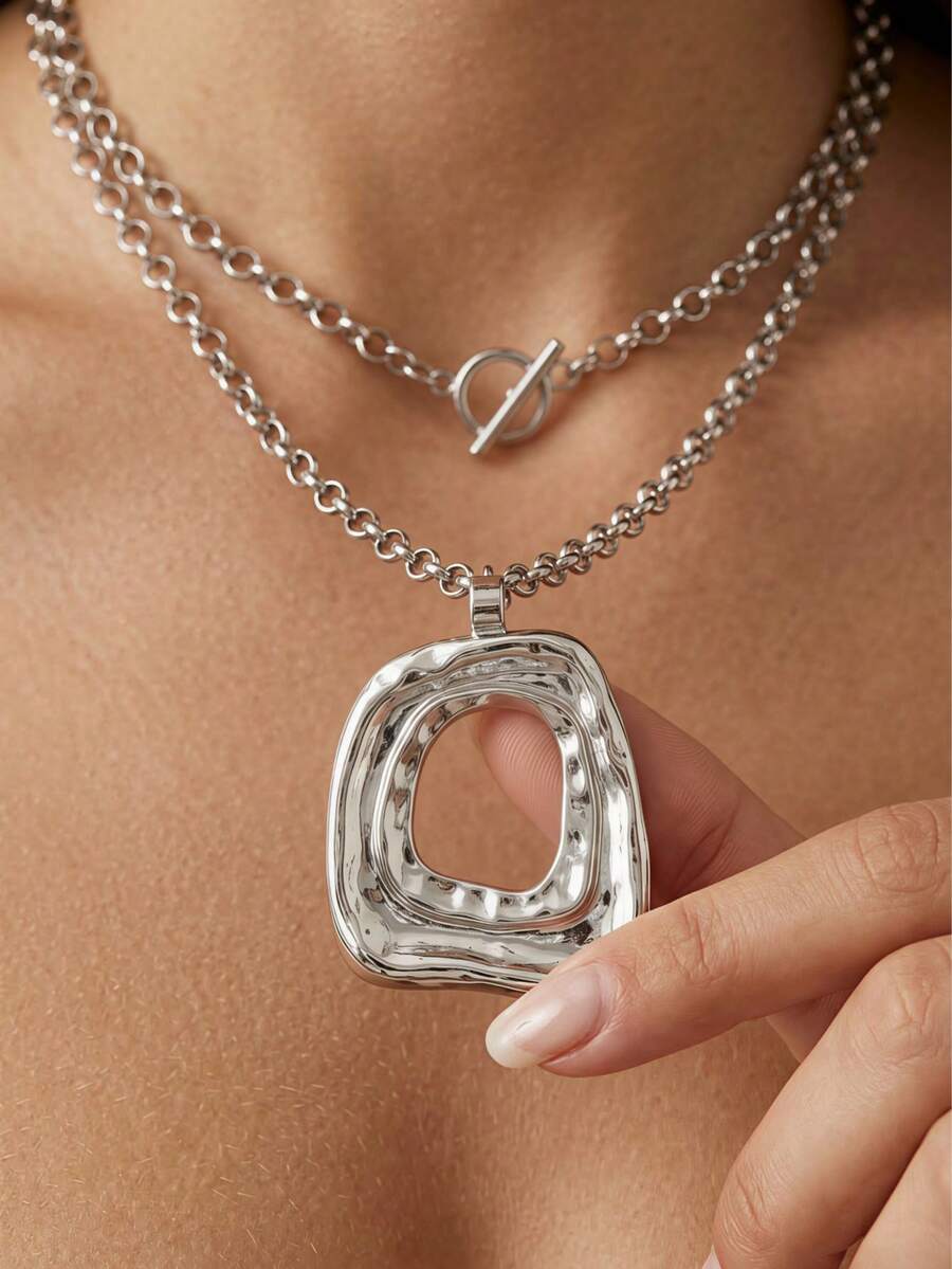1pc Personalized Style Silver Double-Layer OT Clasp Necklace, Textured Wavy Hollow Asymmetrical Pendant Necklace, Cool Metal Layerable Neck Jewelry - Silver - View 1