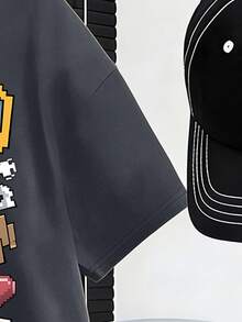 2件組卡通遊戲風男孩設計印花圓領T恤+短褲套裝，夏季時尚舒適服飾 - 彩色 - 查看 4