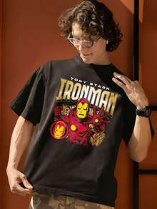 Men's 100% Cotton Tony Stark Iron Man Armor Graphic Short Sleeve T-Shirt, Summer Casual Streetwear Crew Neck Tee, Great Gift For Marvel Fans - 黑色 - 查看 5