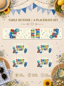 1pc-Back To School Table Runner And Placemats Set, Beige Smart Start Linen Dining Decor With Books, Globe, Apple, Pencil And Paper Plane For Teacher Classroom, Study Room And Home Table - Multicolor - View 13