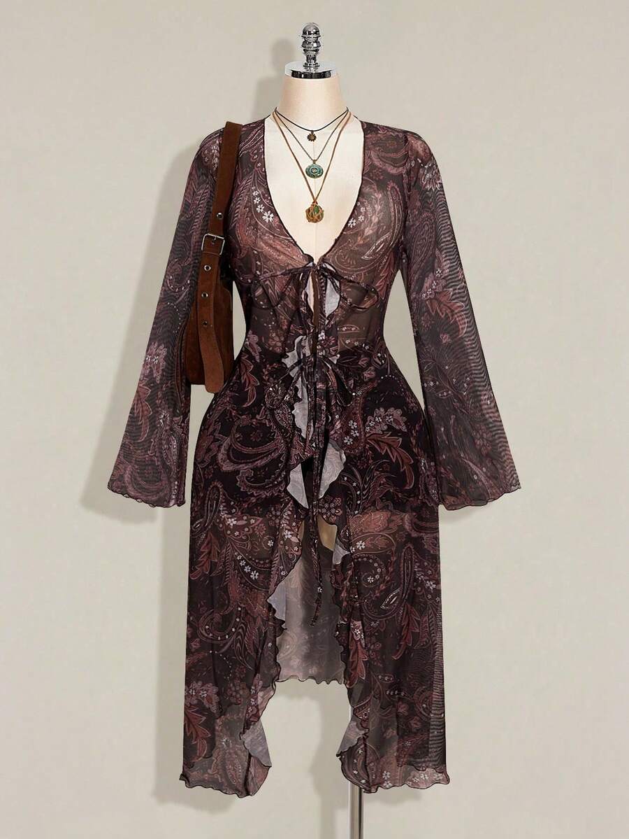 ICON Blusa con estampado de paisley y nudo delantero para mujer talla grande, adecuada para vacaciones y playa - Marrón - Ver 1