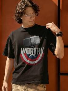 Men's Marvel Worthy Hammer & Shield Graphic Tee, 100% Cotton Summer Casual Streetwear Short Sleeve T-Shirt - 黑色 - 查看 3