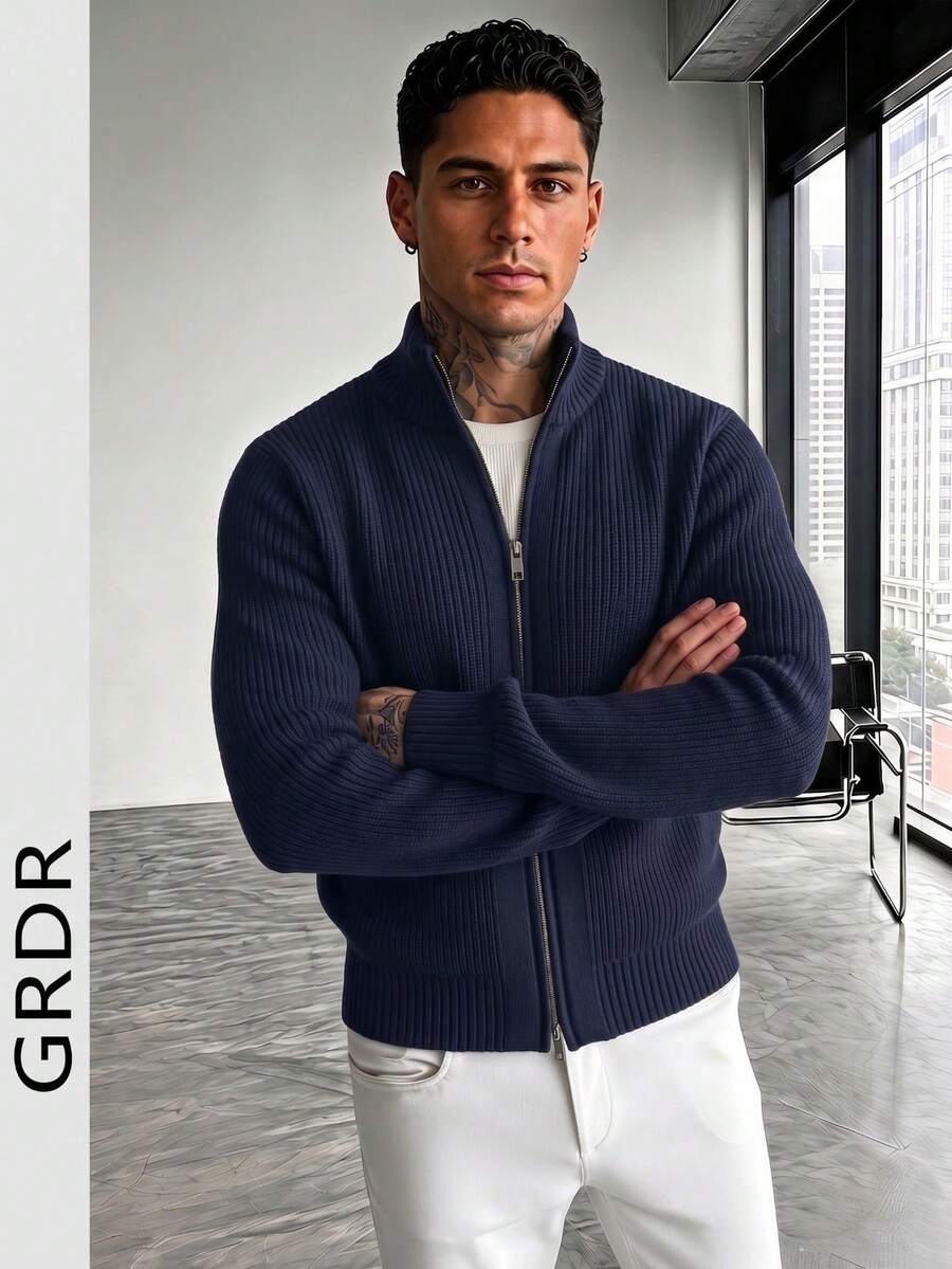 GRDR 男士圆领长袖立领双排扣开衫毛衣，日常百搭