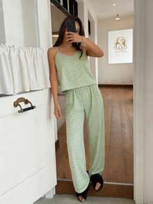 Women's Pajama Set Home Wear Set Simple Plaid Print Style Camisole And Long Pants, Spring/Summer - Mint Green - View 5
