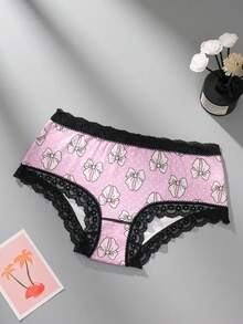 6PCS Plus Size Women's Lingerie Heart Bow Multi-Color Print Lace Patchwork Sexy Comfortable Women's Triangle Panties - Multicolor - View 6