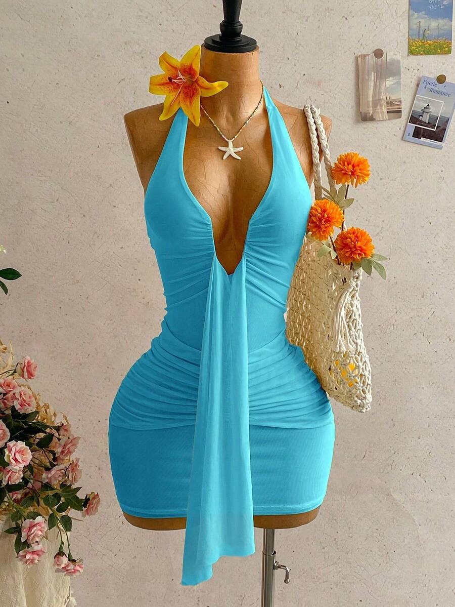 Vestido mini con estampado floral, diseño de lazo y escote halter, para vacaciones - verde menta 3 - Ver 1