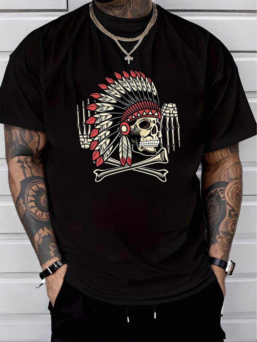 Men's Pure Cotton Short-Sleeve T-Shirt Casual  Skull  Headdress Print Loose Fit Summer Daily Top - Black - View 1