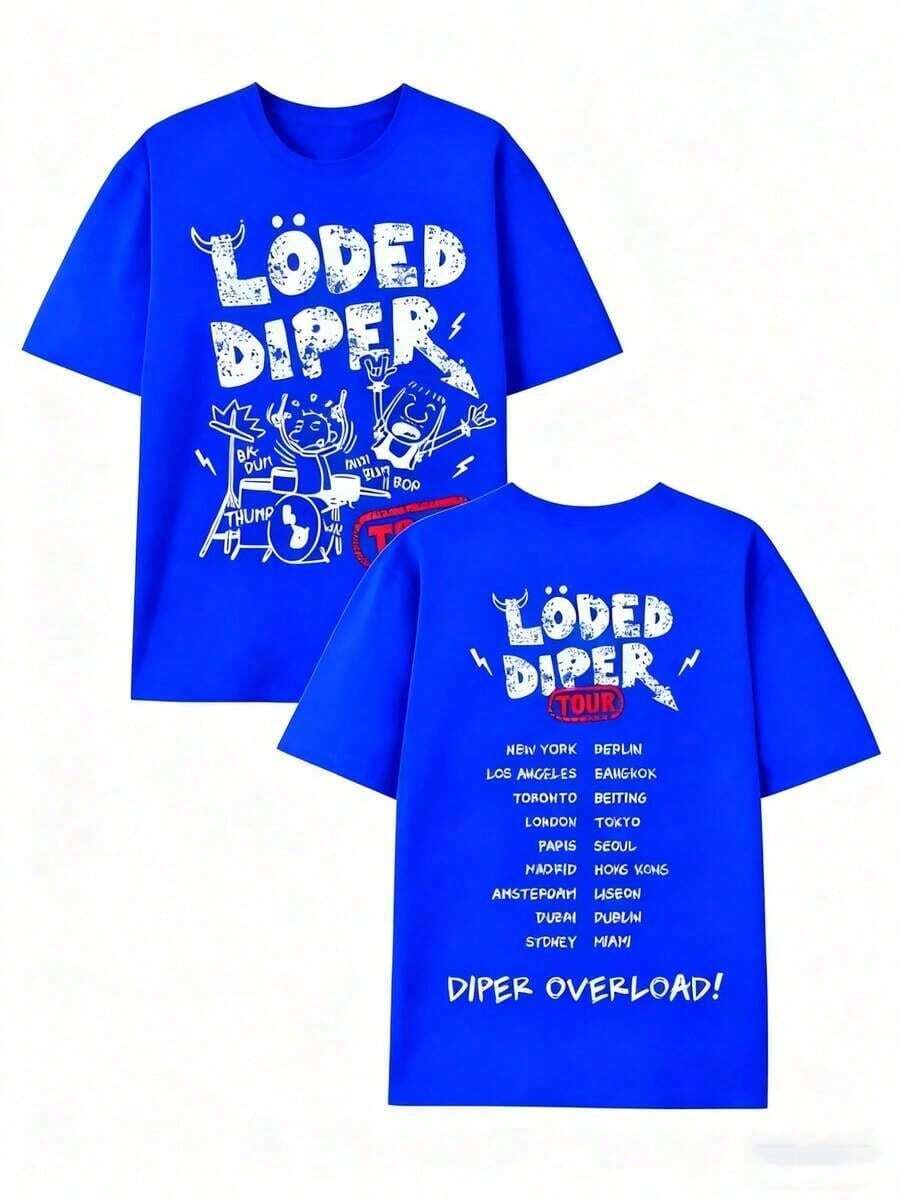 Soft Casual Cotton Loded Diper World Tour Double-Sided Print Unisex Crewneck Short Sleeve T-Shirt, Loose Summer Rock Graphic Tee For Men And Women - 藍色 - 查看 1
