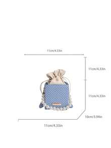 1pc Mini Pearl Chain Decor V-Neck Print PU Portable Drawstring Fashion Crossbody Bag Suitable For Women's Daily Use - Blue - View 2