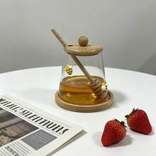 Multi-Purpose Bee Glass Honey Jar With Honey Stirrer, Bamboo Lid And Wooden Base, Transparent Glass Container, Suitable For Honey, Coffee Beans, Tea Leaves And Floral Arrangements - Multicolor - View 4