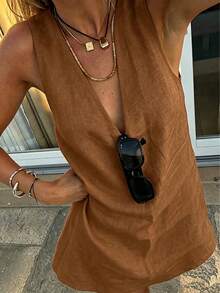 Vuslat Women's Sleeveless V-Neck Dress, Solid Color, Linen-Like Fabric, Elegant And Woven, Casual, Suitable For The Beach, Parties, Weddings, Vacations And Birthday Parties - 卡其色 - 查看 1
