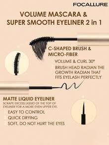 FOCALLURE Mascara et eye-liner liquide 2-en-1 à double extrémité 3,5g+4,5g, mascara volumisant et eye-liner, mascara allongeant et base de cils fibreuse, volume et longueur instantanés, boucles longue tenue toute la journée, imperméable et anti-bavure, maquillage quotidien - #01 VOLUME ET BOUCLES - Voir 2