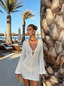 Nuevo vestido de punto para mujer, estilo casual de vacaciones de verano, adecuado para actividades al aire libre en verano, vestido marrón, vestido de playa, vestido de verano - blanquecino 2 - Ver 1