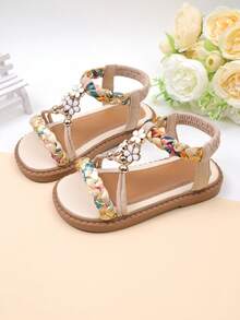 1 Pair Girls' Colorful Woven Open Toe Sandals With Elastic Back Strap Flat Design Suitable For Vacation And Other Occasions - Beige - View 5