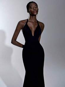 Elitara Estilo minimalista, con hebilla de metal negro, tirantes halter, escote en V, sexy, espalda pronunciada, falda plisada de cola de pez con baj - Negro - Ver 4