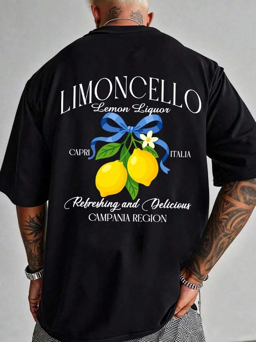 Vintage Men's "Limoncello" (Italian Lemon Liqueur) T-Shirt, 100% Cotton, Round Neck, Casual Summer Style For Holidays. - Black - View 1
