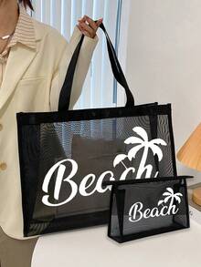 Juego de Bolsas de Malla de Gran Capacidad, Bolsa de Malla con Estampado de "Playa", Bolsa de Playa de Malla, Bolsa de Cosméticos de Malla, Bolsa de Playa Plegable de Gran Capacidad, Imperme - Multicolor 13 - Ver 1