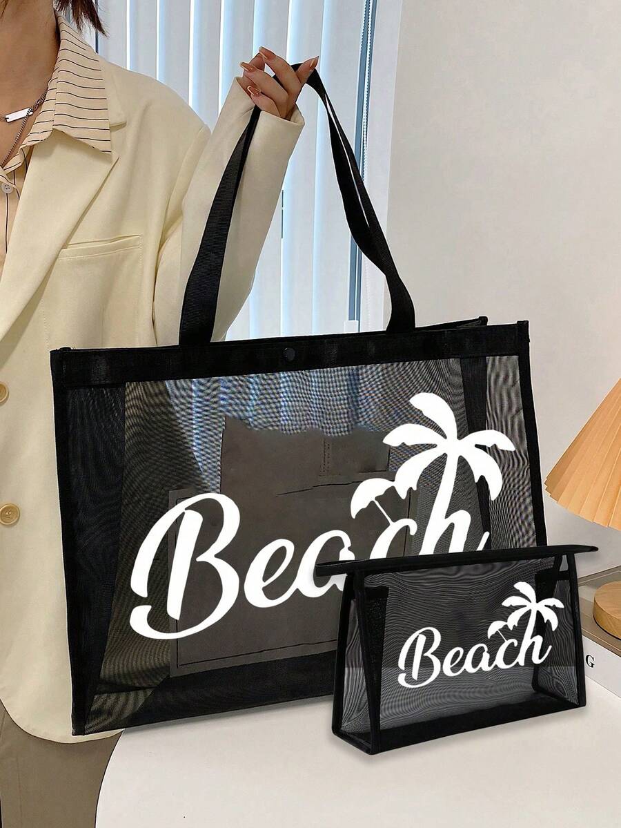 Juego de Bolsas de Malla de Gran Capacidad, Bolsa de Malla con Estampado de "Playa", Bolsa de Playa de Malla, Bolsa de Cosméticos de Malla, Bolsa de Playa Plegable de Gran Capacidad, Imperme - Multicolor 13 - Ver 1