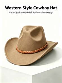 1pc Unisex Western Cowboy Hat, Felt Hat, Riding Hat, Summer Sun Protection Hat, Minimalist And Fashionable. Suitable For Daily Wear, Parties, Outdoor Riding, Western Theme Events, Cosplay, Music Festivals And More. - Brown Braided Hat - View 9