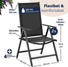 Casadsadaria Gartenstühle Set von 2 Stühlen mit hoher Rückenlehne, faltbarer 8-fach verstellbarer Campingstuhl, Aluminium, wetterfester Klappstuhl, 120 kg Tragfähigkeit, Garten Balkon - Schwarz - Übersicht 3