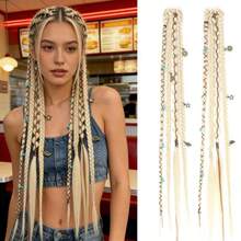 2pcs/Set Women's Clip-In Braided Hair Extensions, 20 Inch With Beads And Charms, Handmade Synthetic Bohemian Style Hair Pieces, Suitable For Cosplay, Renaissance Fair, 8 Strands - 彩色 - 查看 16